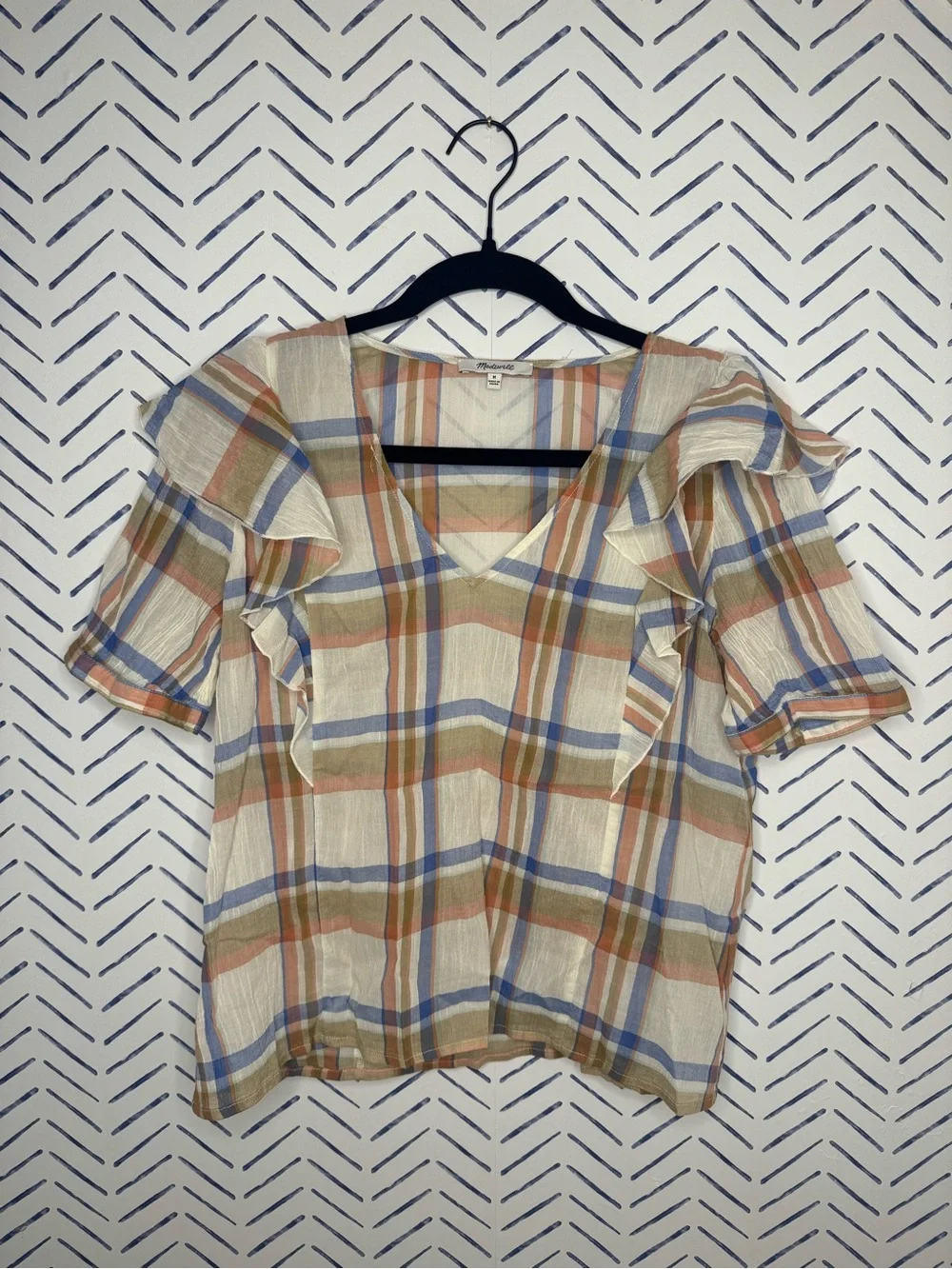 Madewell Lightweight gauze Plaid Shirt - Blue, Cream & Brown short sleeve medium